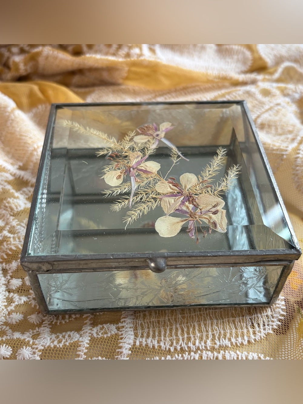 🌼Vintage 1980s Stained Glass Jewellery Box | Real Pressed Flowers & Mirror